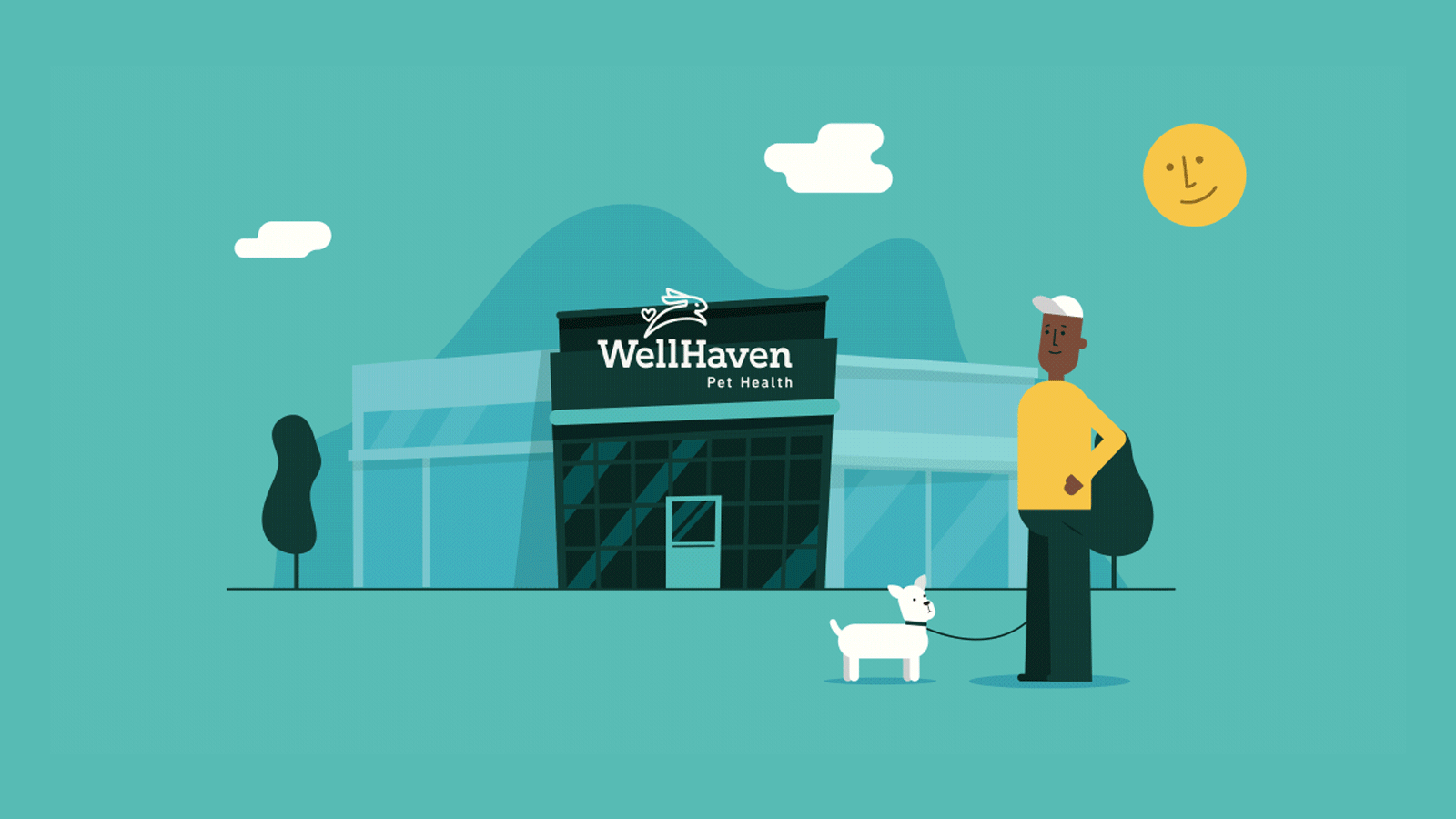 An illustrated animation of a man standing outside a WellHaven Pet Hospital while giving his jumping, small, white dog a treat.