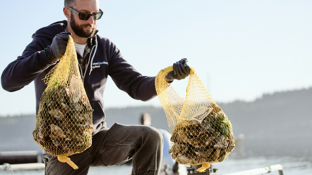 A photo of a man holding two full bags of oysters.