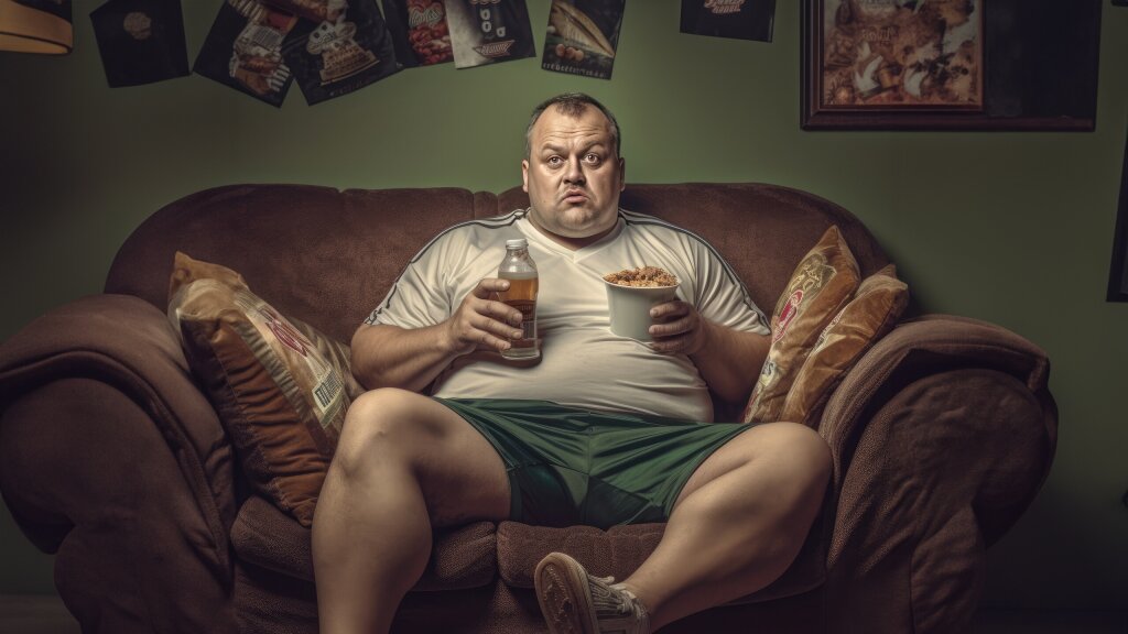 Ai-generated image of an overweight white man sitting on a couch.
