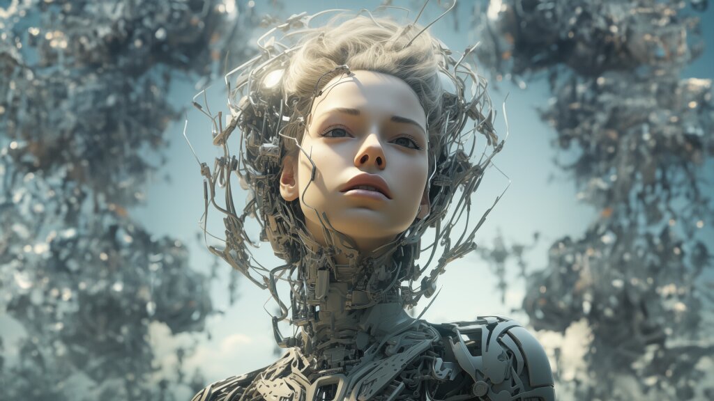 An AI-generated image of a beautiful young woman who appears to be half robot.