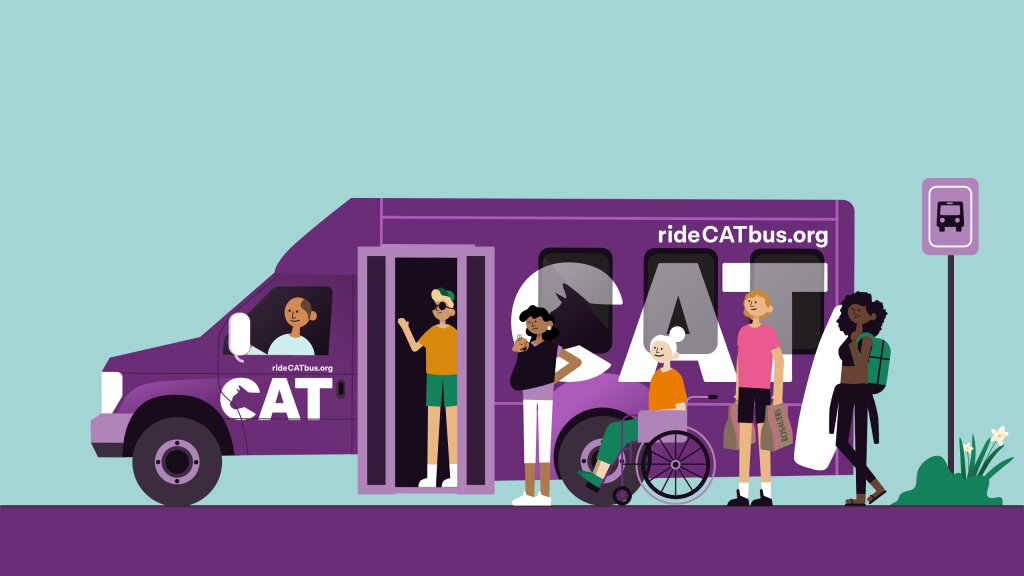 An illustration of a purple CAT bus with various people waiting to board.