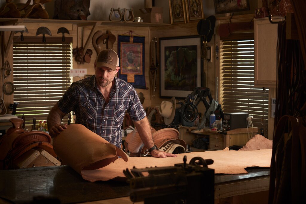 Ben Geisler saddle making in his workshop.