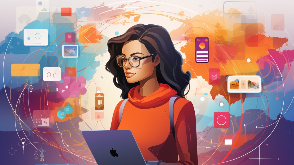 An illustration of a woman using a computer who's surrounded by data.