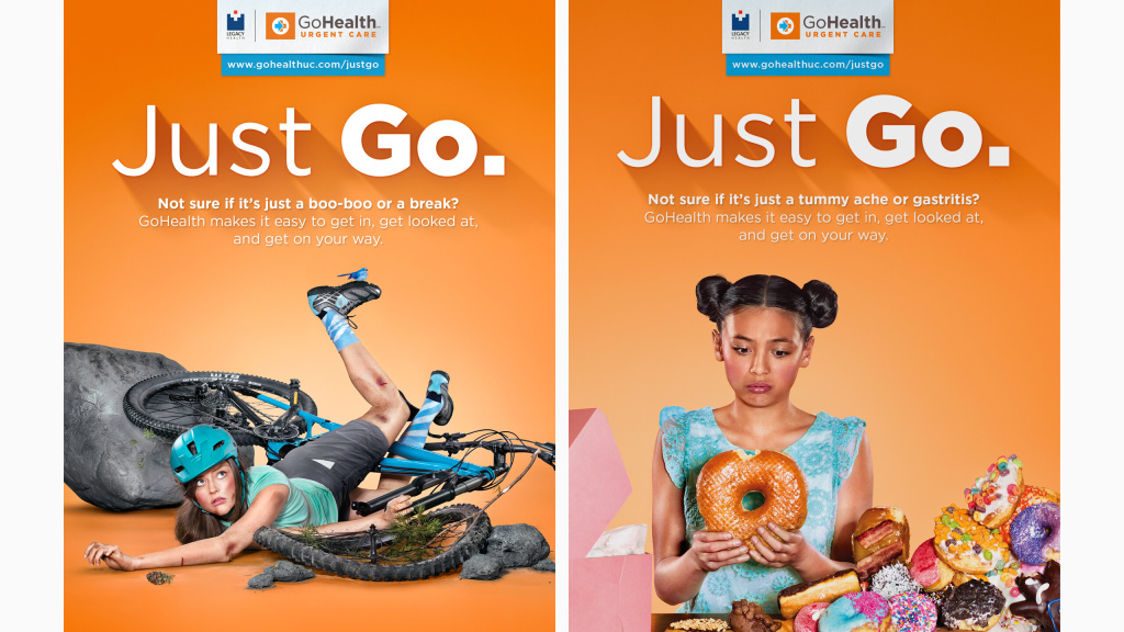 Example full-page advertisements for Legacy GoHealth featuring bright, orange backgrounds with colorful photography.