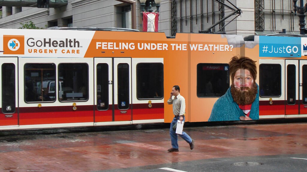 A transit, train wrap for Legacy GoHealth in downtown Portland, Oregon.