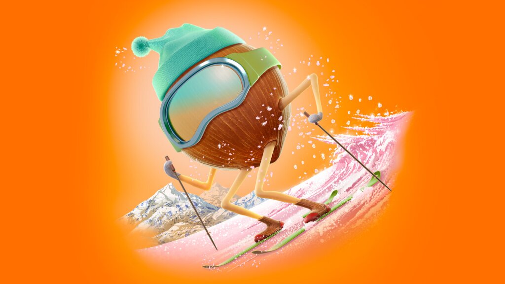 An illustration of a skiing hazelnut.