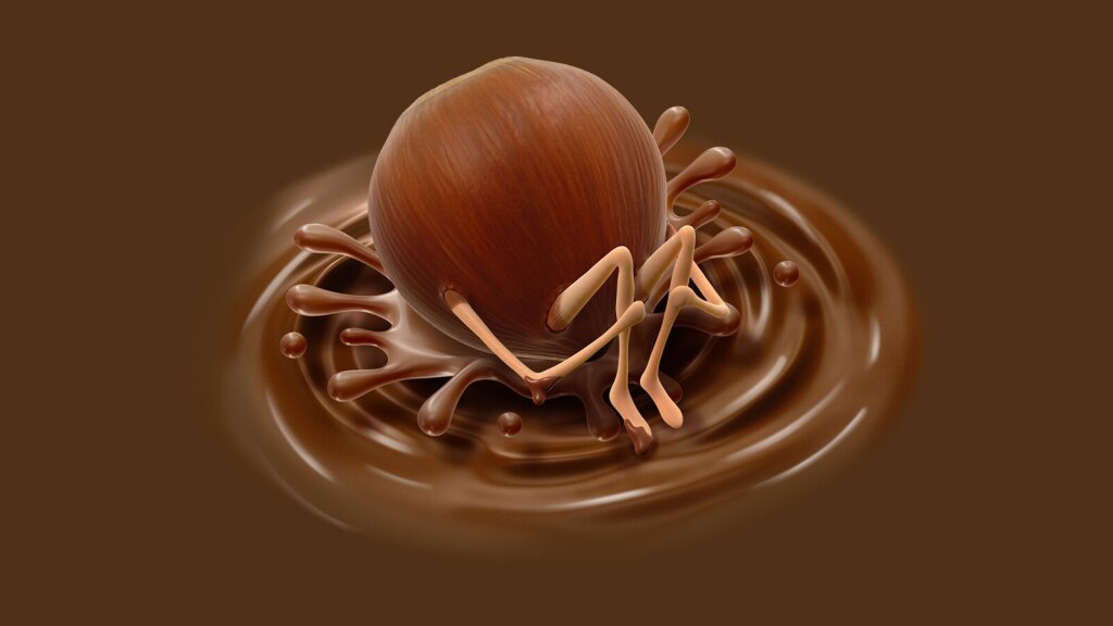 An illustration of a hazelnut cannonballing into a pool of chocolate.