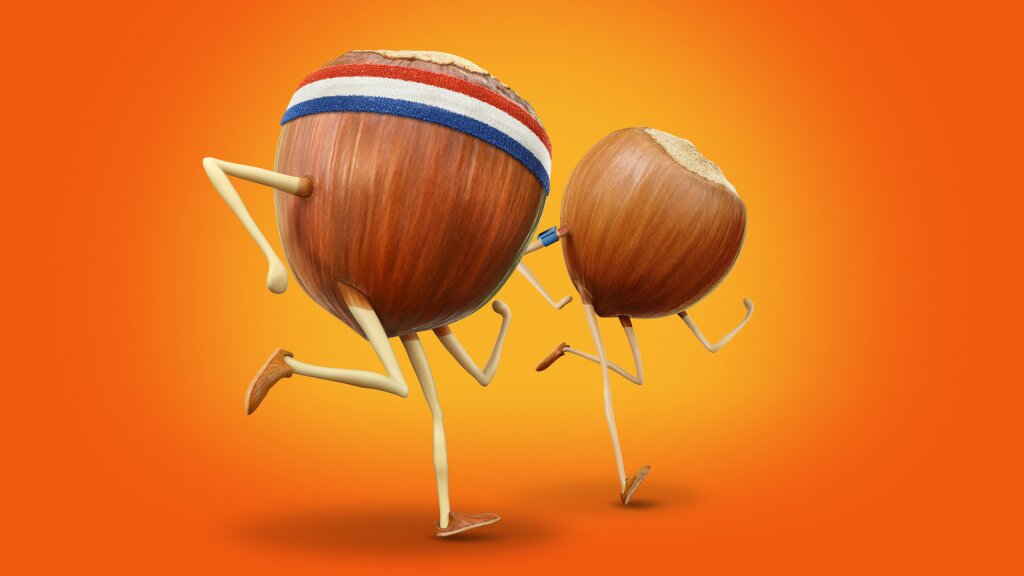 An illustration of two hazelnuts jogging.