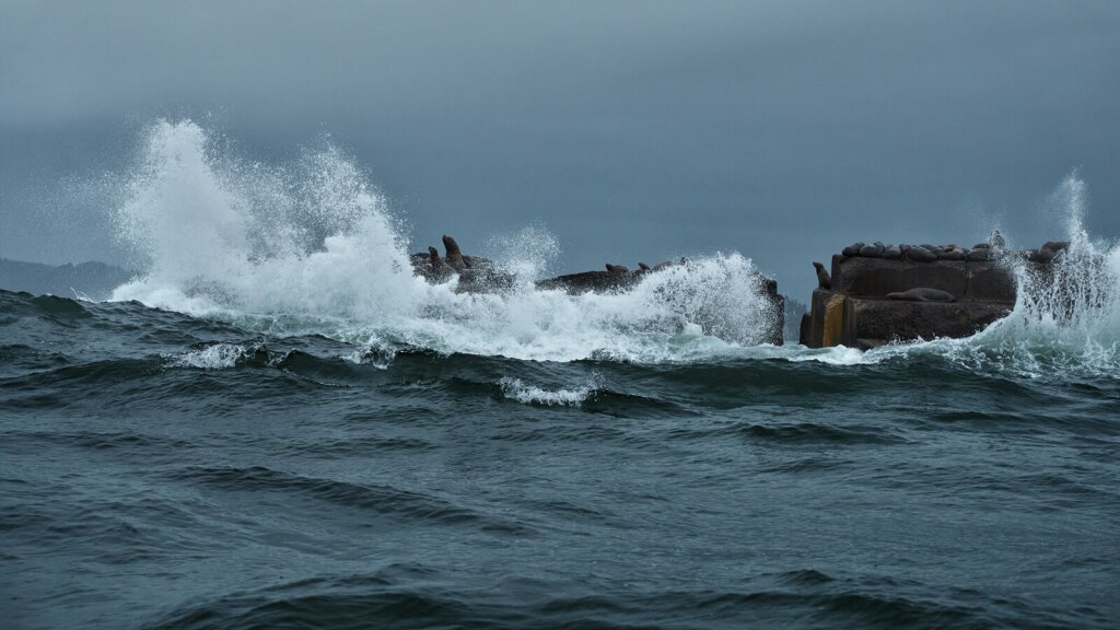 Waves crashing against a jetty in a rough ocean.