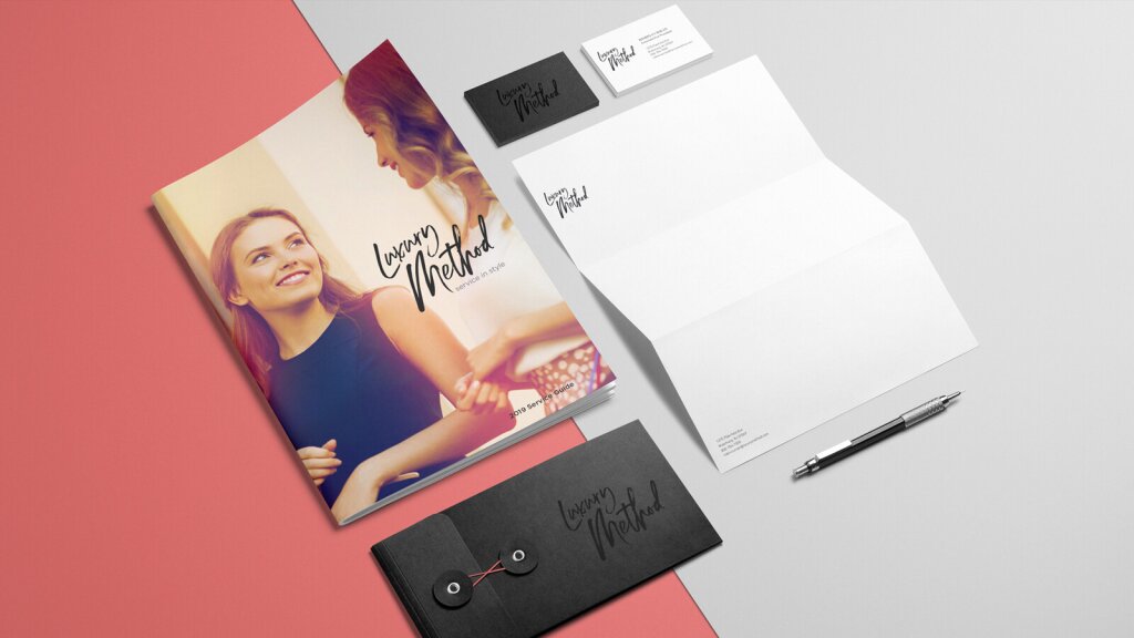 A mock-up of Luxury Method print collateral.