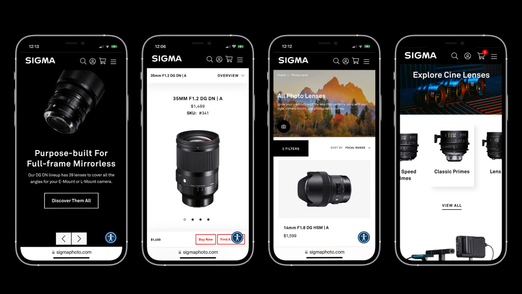 An image showing 4 mobile views of the Sigmaphoto.com website.