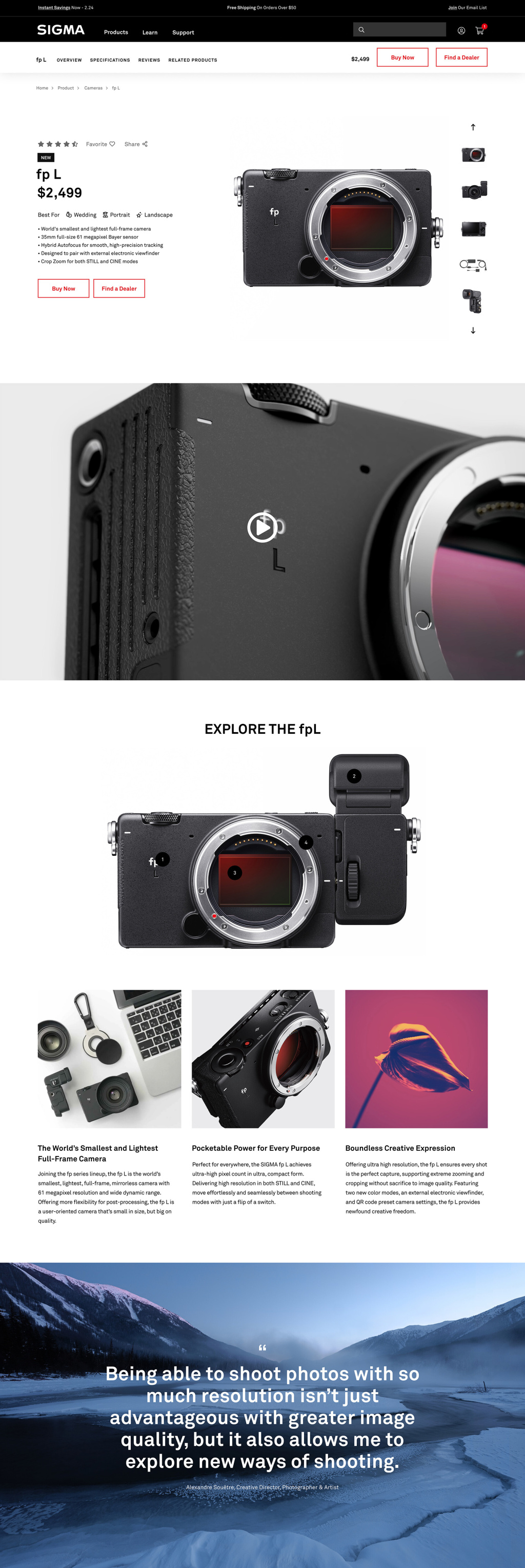 A website design of the Sigma fp L camera product detail page.