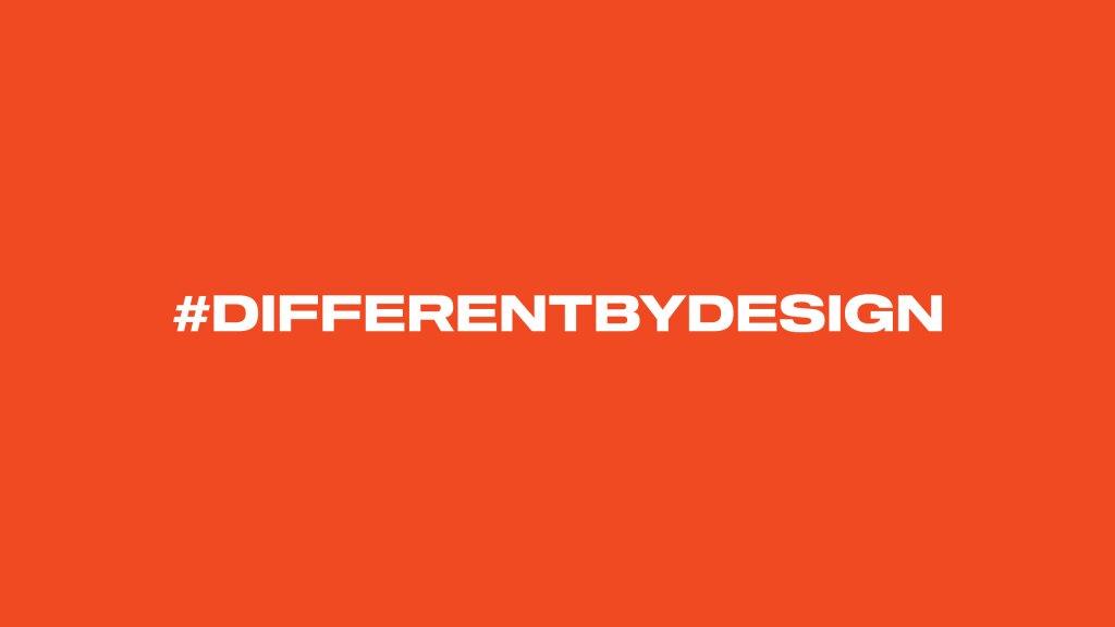 The Slingshot "Different by Design" hashtag over a bright orange background.