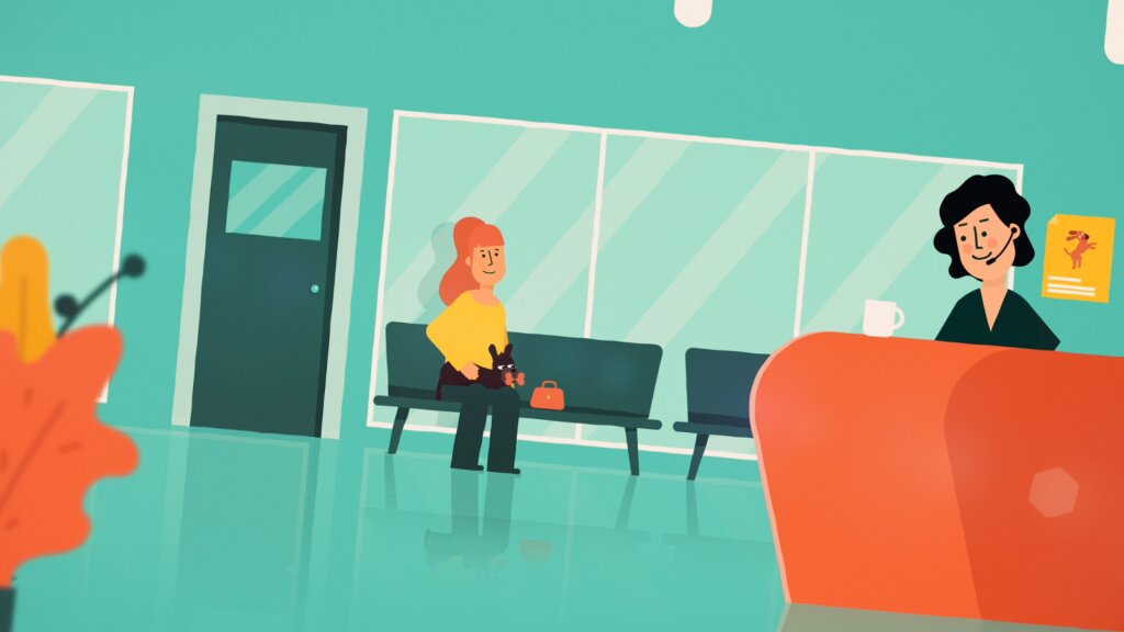 An illustration of a woman and her dog in a waiting area of a pet hospital.