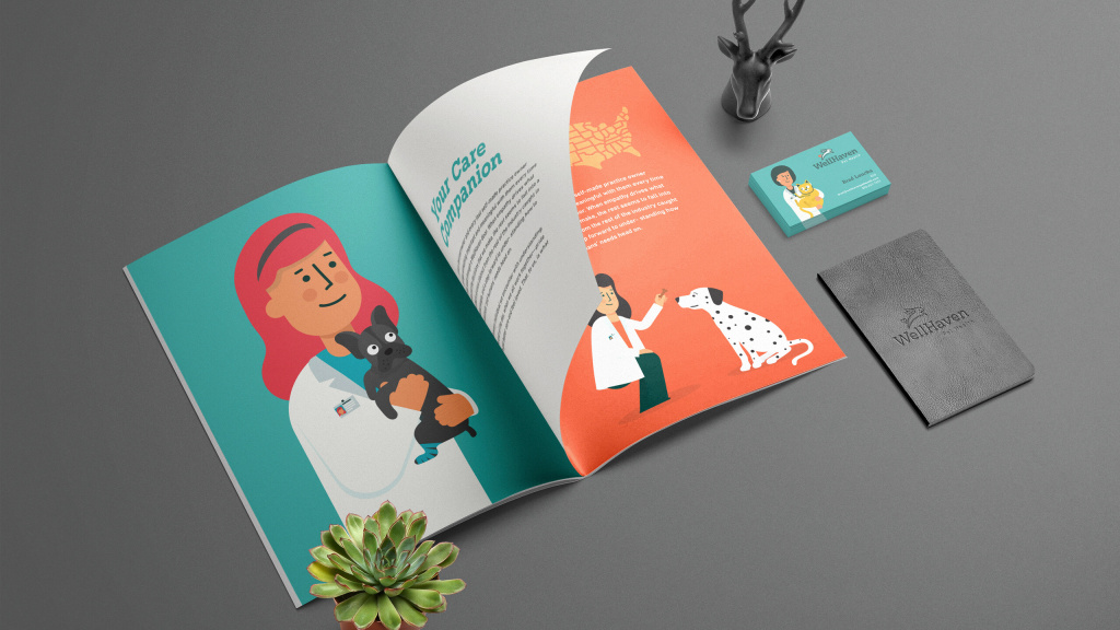 A mock-up of print collateral for WellHaven Pet Health.