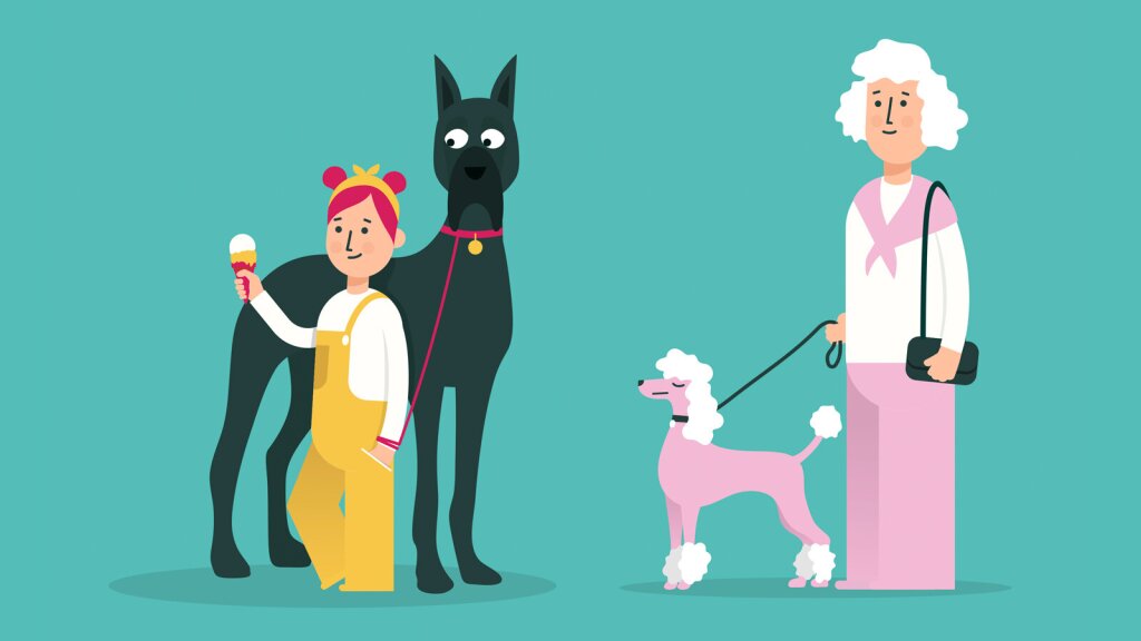 Two illustrations of females and their dogs.