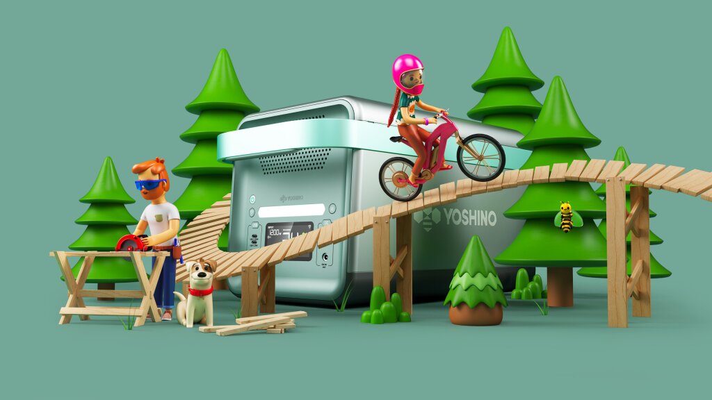 A 3D illustration of a man trail building while his daughter rides her mountain bike on a north shore style bridge feature.