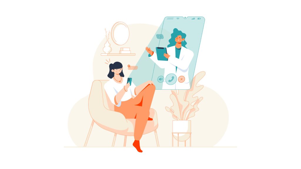 An illustration of a woman speaking with her physician on her iPhone.